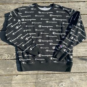 Champion all over print scrip logo crew neck sweatshirt black w white logo M